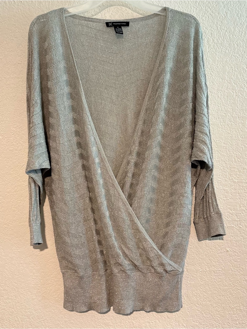INC Sweater Silver Faux Wrap V-Neck Dolman Sleeve